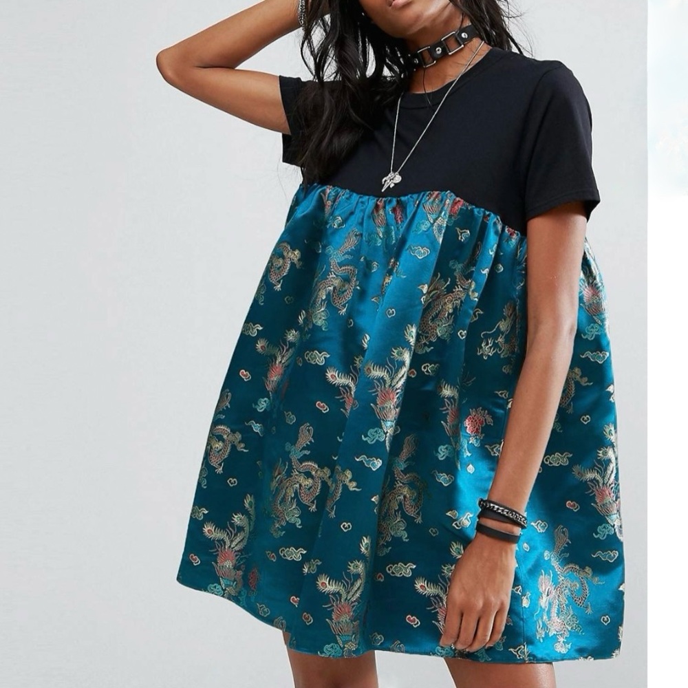 Vintage Inspired Brocade Panel T-Shirt Mini Dress Black & Turquoise Medium